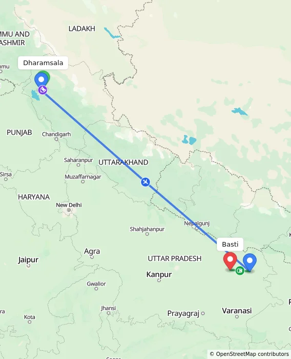 Route map showing distance and travel time from Dharamsala, India to Basti, India