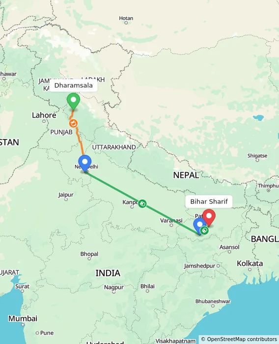 Route map showing distance and travel time from Dharamsala, India to Bihar Sharif, India