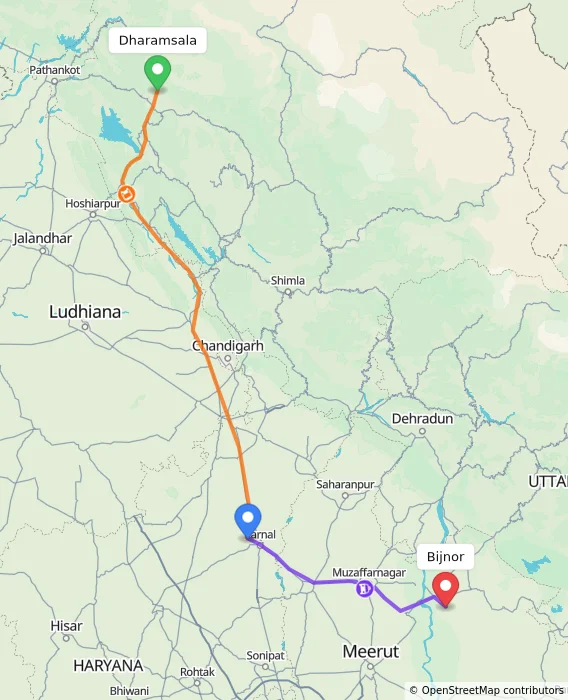 Route map showing distance and travel time from Dharamsala, India to Bijnor, India