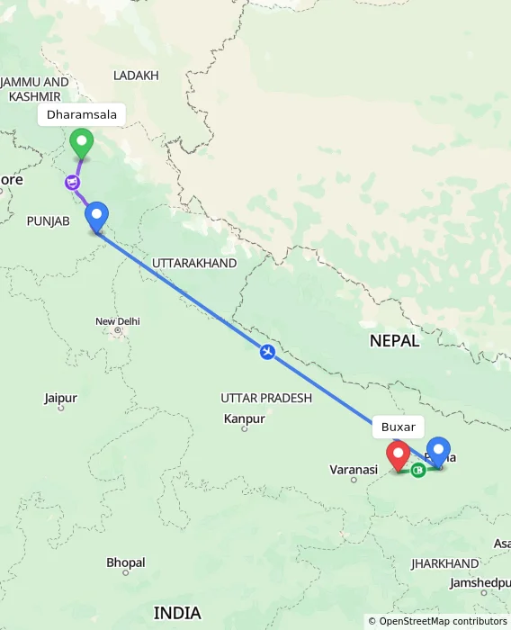 Route map showing distance and travel time from Dharamsala, India to Buxar, India