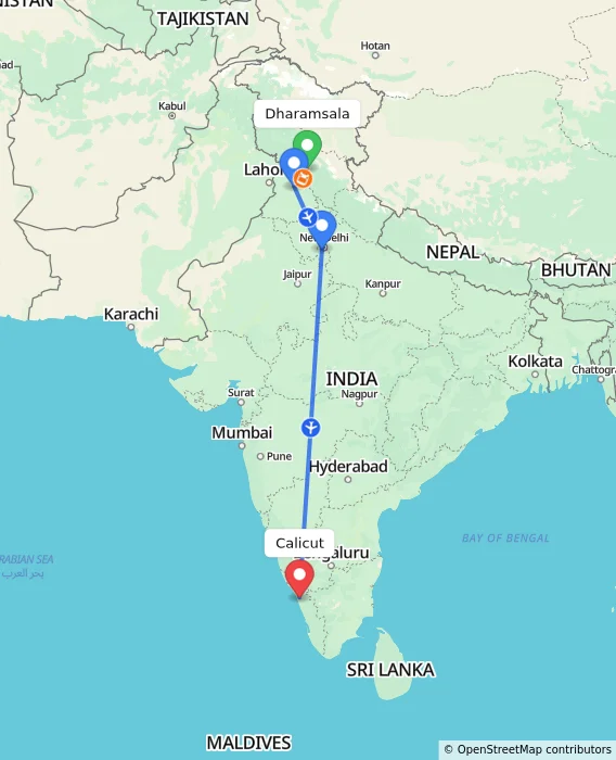 Route map showing distance and travel time from Dharamsala, India to Calicut, India