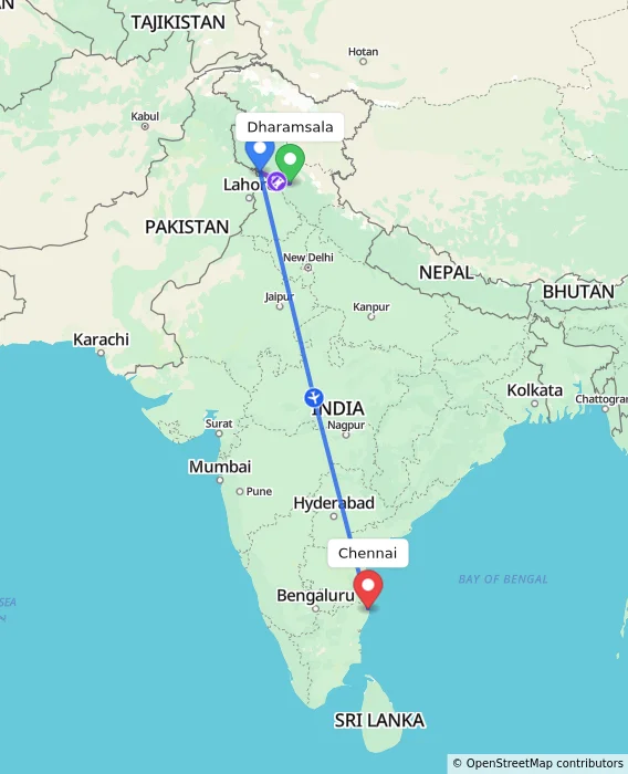 Route map showing distance and travel time from Dharamsala, India to Chennai, India