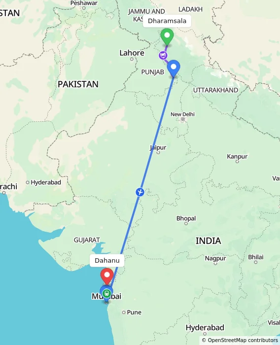 Route map showing distance and travel time from Dharamsala, India to Dahanu, India