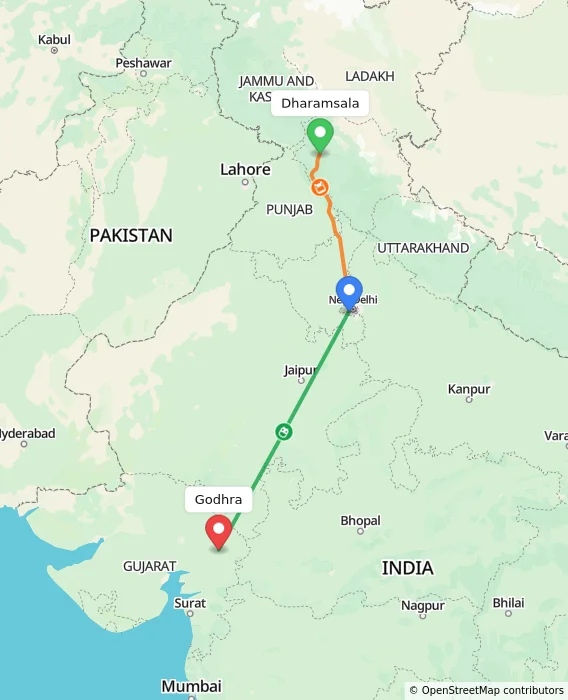 Route map showing distance and travel time from Dharamsala, India to Godhra, India