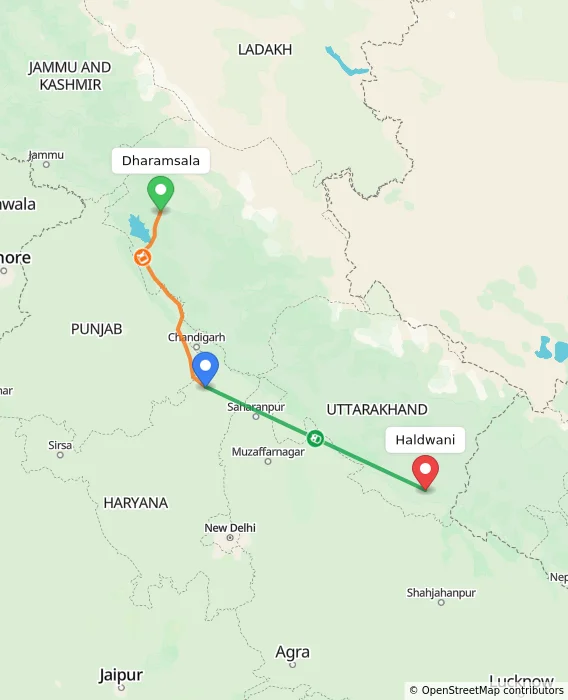 Route map showing distance and travel time from Dharamsala, India to Haldwani, India
