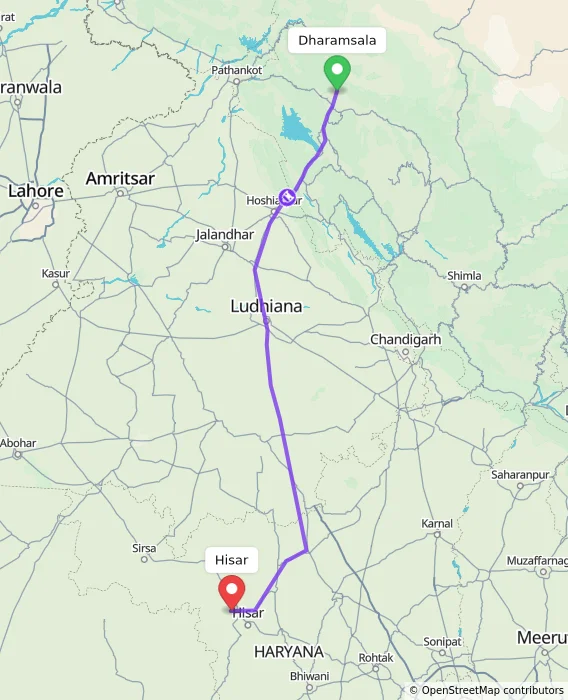 Route map showing distance and travel time from Dharamsala, India to Hisar, India