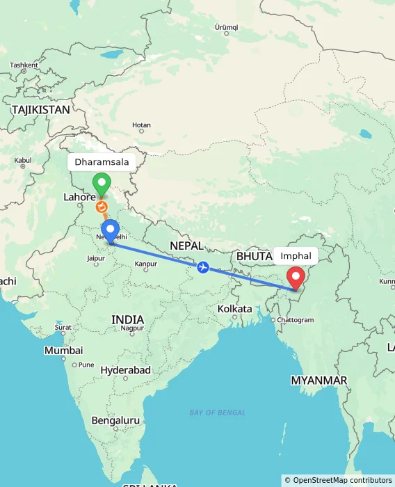 Route map showing distance and travel time from Dharamsala, India to Imphal, India