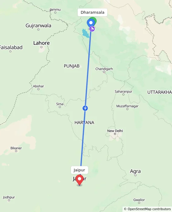 Route map showing distance and travel time from Dharamsala, India to Jaipur, India