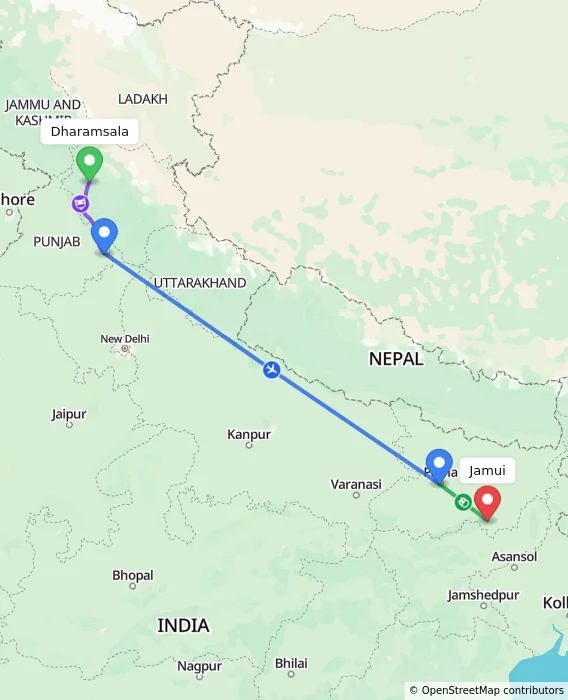 Route map showing distance and travel time from Dharamsala, India to Jamui, India