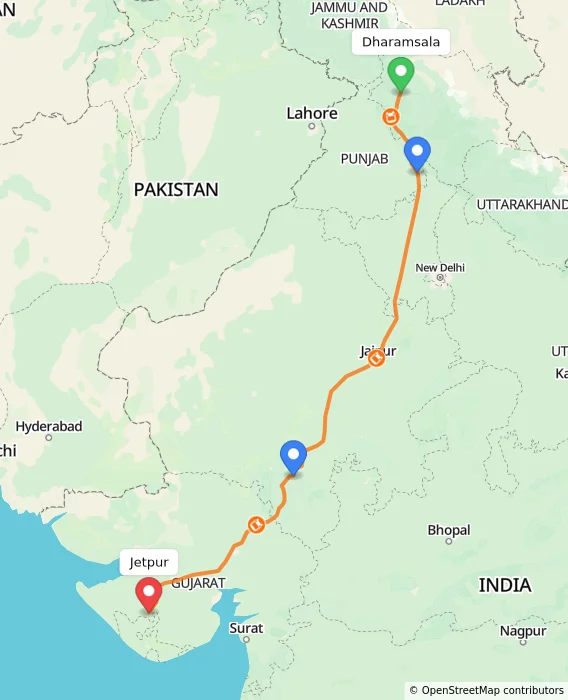 Route map showing distance and travel time from Dharamsala, India to Jetpur, India