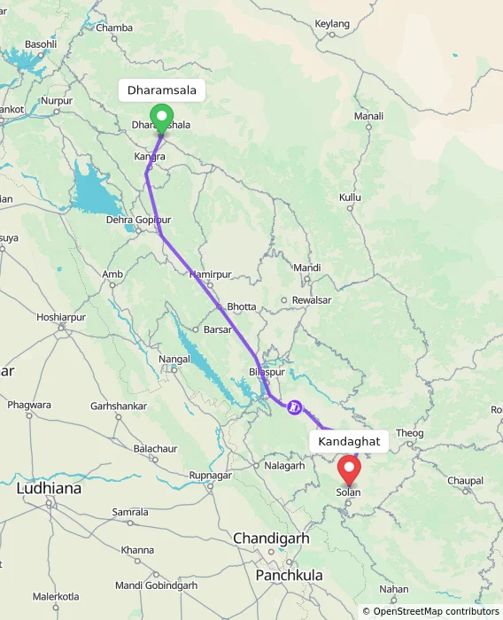 Route map showing distance and travel time from Dharamsala, India to Kandaghat, India