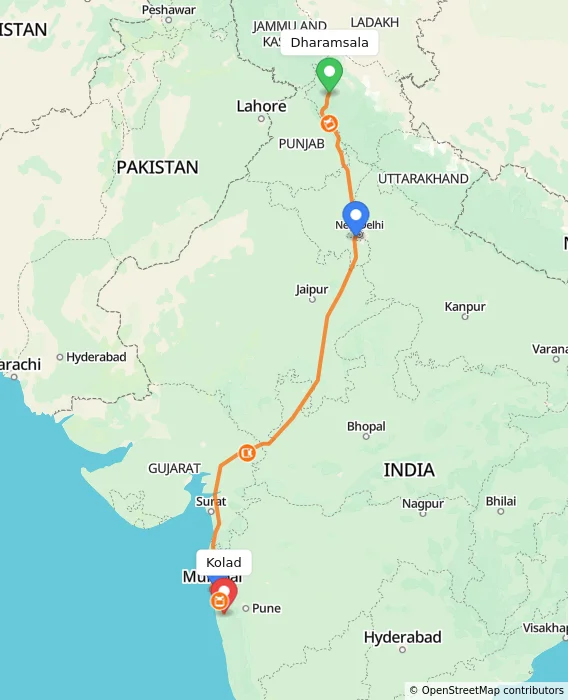 Route map showing distance and travel time from Dharamsala, India to Kolad, India