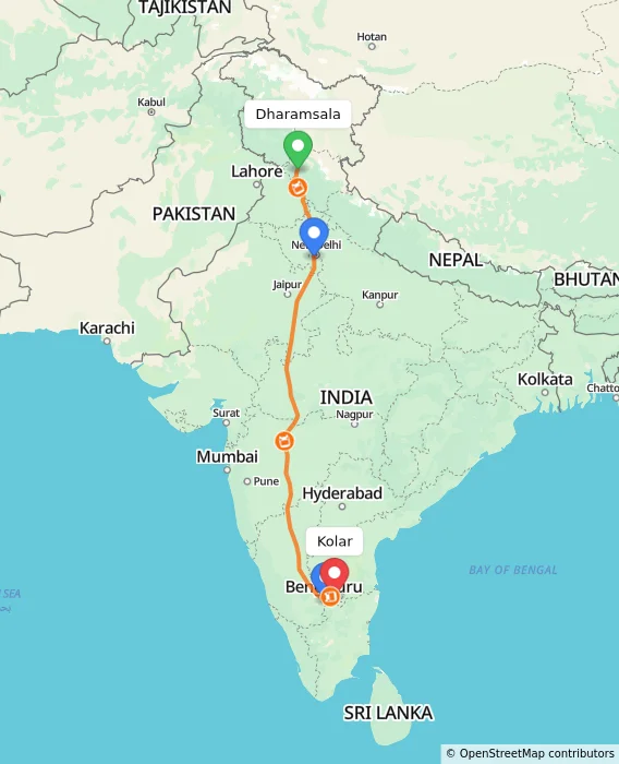 Route map showing distance and travel time from Dharamsala, India to Kolar, India