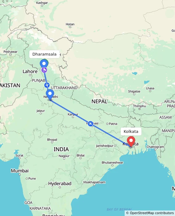 Route map showing distance and travel time from Dharamsala, India to Kolkata, India