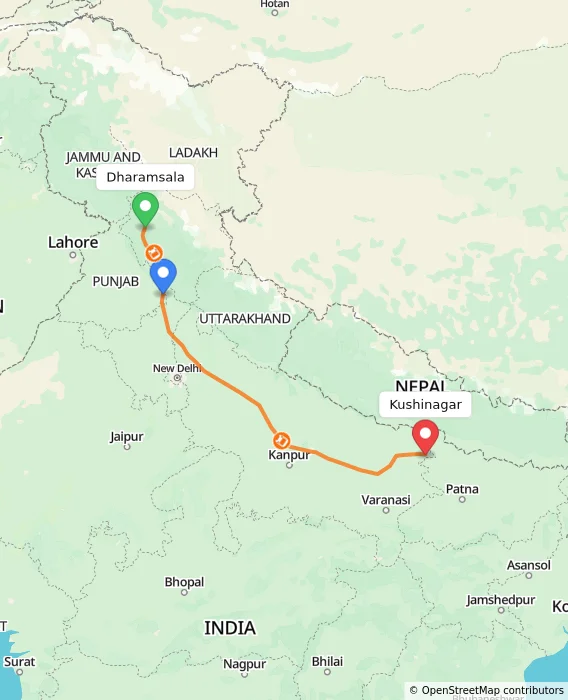 Route map showing distance and travel time from Dharamsala, India to Kushinagar, India