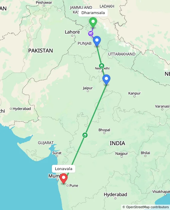 Route map showing distance and travel time from Dharamsala, India to Lonavala, India