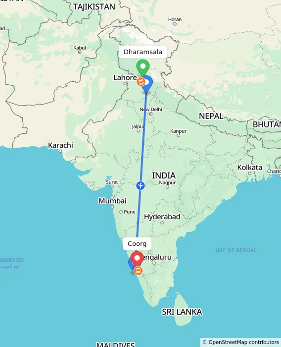 Route map showing distance and travel time from Dharamsala, India to Madikeri, India