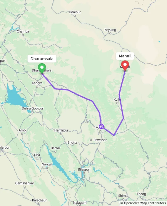 Route map showing distance and travel time from Dharamsala, India to Manali, India