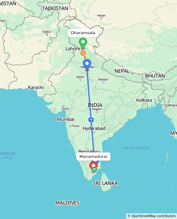 Route map showing distance and travel time from Dharamsala, India to Manamadurai, India