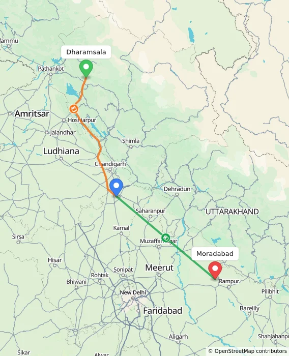 Route map showing distance and travel time from Dharamsala, India to Moradabad, India