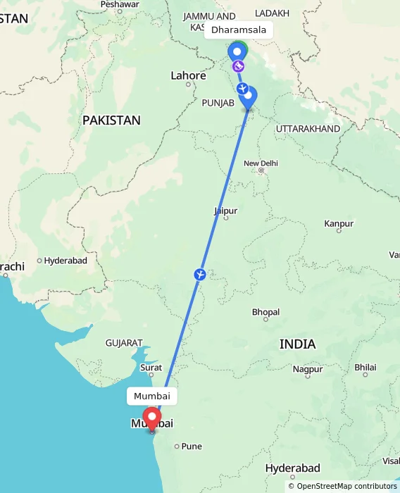 Route map showing distance and travel time from Dharamsala, India to Mumbai, India