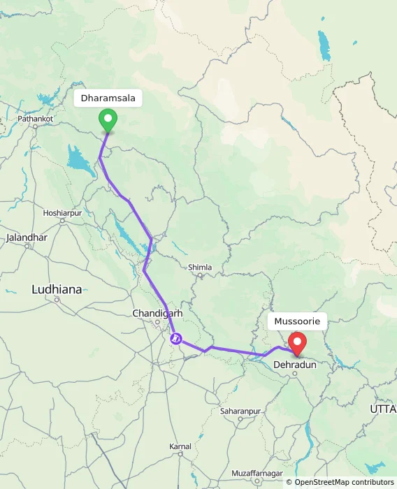 Route map showing distance and travel time from Dharamsala, India to Mussoorie, India