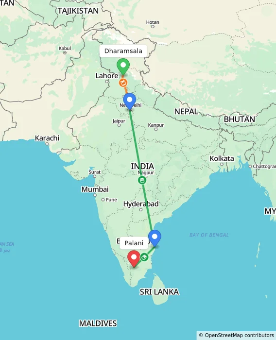 Route map showing distance and travel time from Dharamsala, India to Palani, India