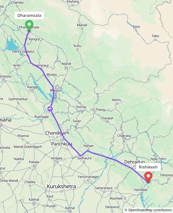 Route map showing distance and travel time from Dharamsala, India to Rishikesh, India