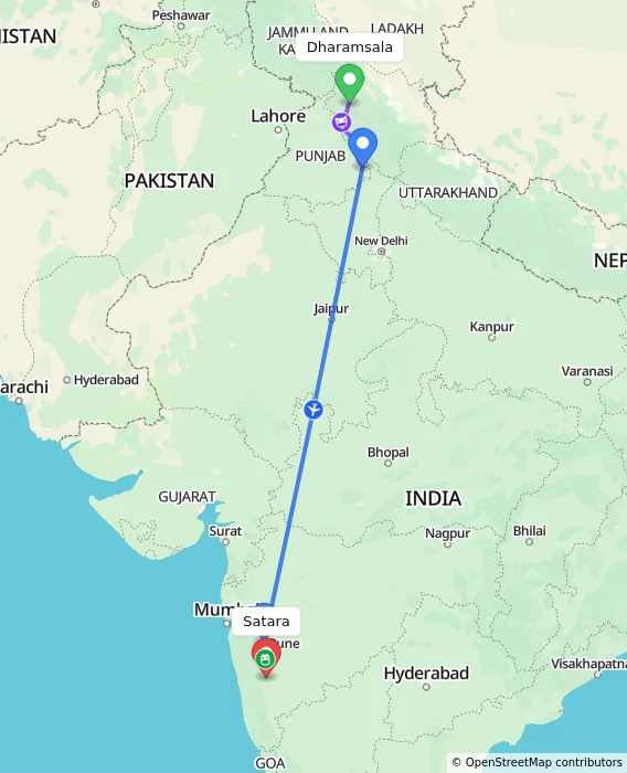 Route map showing distance and travel time from Dharamsala, India to Satara, India