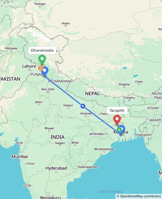 Route map showing distance and travel time from Dharamsala, India to Tarapith, India