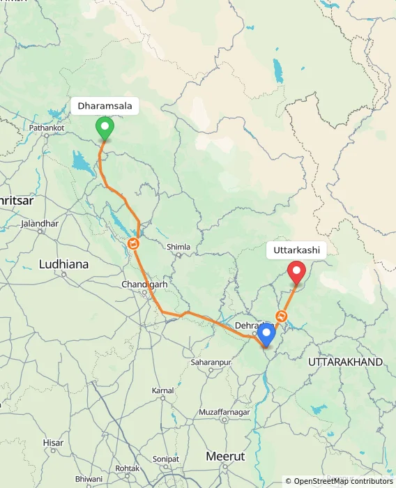 Route map showing distance and travel time from Dharamsala, India to Uttarkashi, India