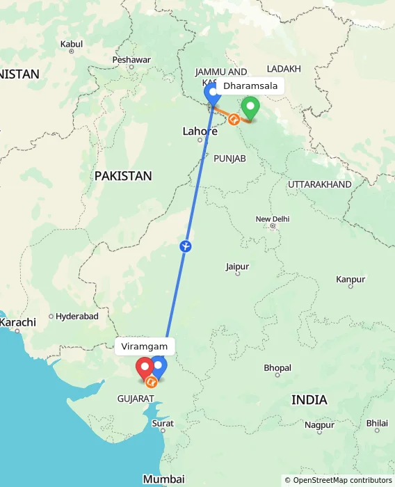 Route map showing distance and travel time from Dharamsala, India to Viramgam, India