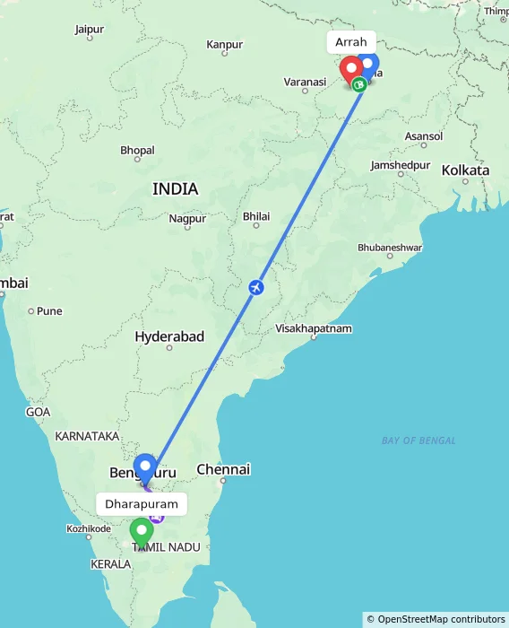 Route map showing distance and travel time from Dharapuram, India to Arrah, India