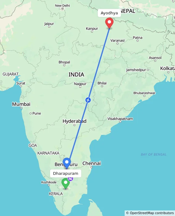Route map showing distance and travel time from Dharapuram, India to Ayodhya, India