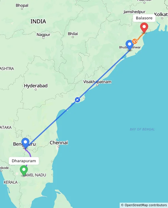 Route map showing distance and travel time from Dharapuram, India to Balasore, India