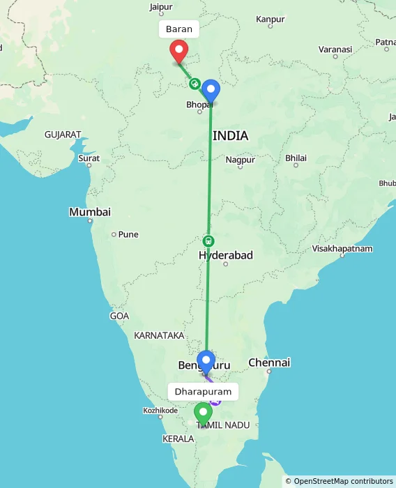 Route map showing distance and travel time from Dharapuram, India to Baran, India