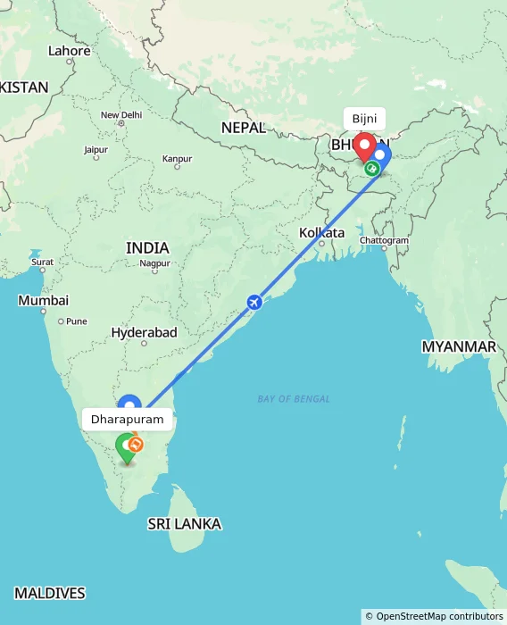 Route map showing distance and travel time from Dharapuram, India to Bijni, India