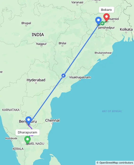 Route map showing distance and travel time from Dharapuram, India to Bokaro, India