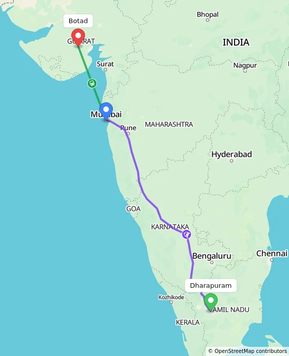 Route map showing distance and travel time from Dharapuram, India to Botad, India