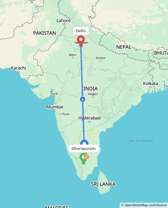 Route map showing distance and travel time from Dharapuram, India to Delhi, India