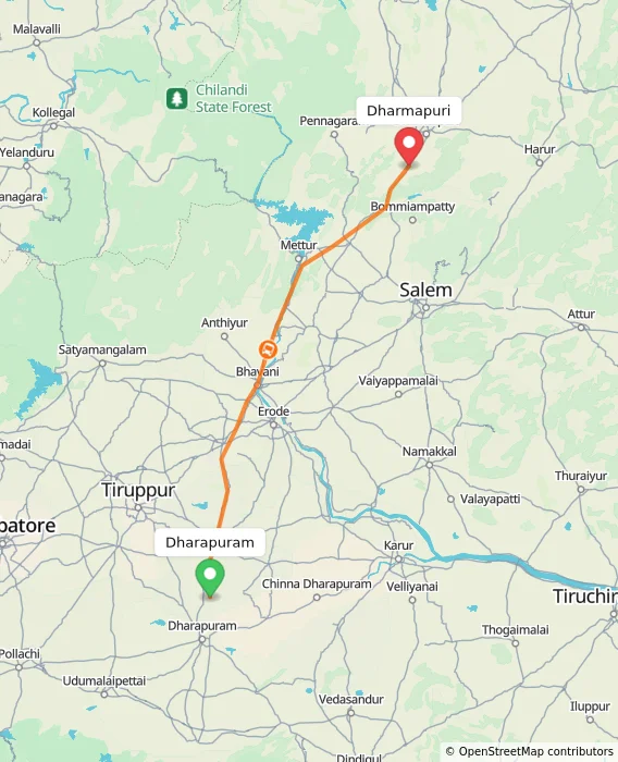 Route map showing distance and travel time from Dharapuram, India to Dharmapuri, India