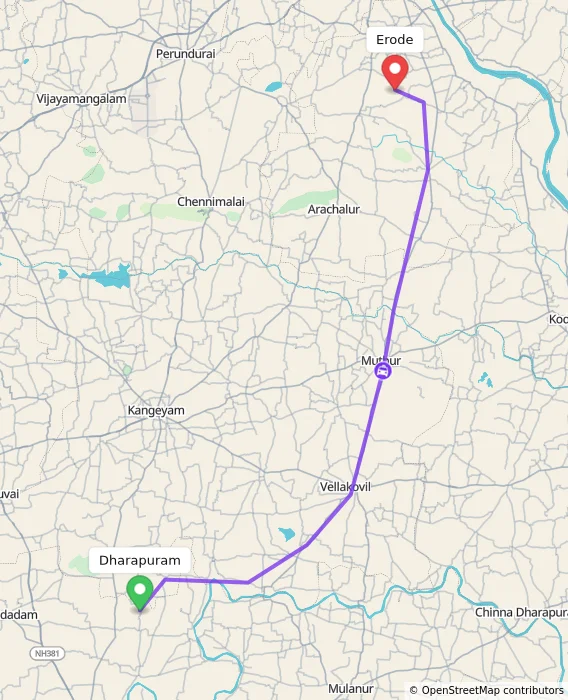 Route map showing distance and travel time from Dharapuram, India to Erode, India