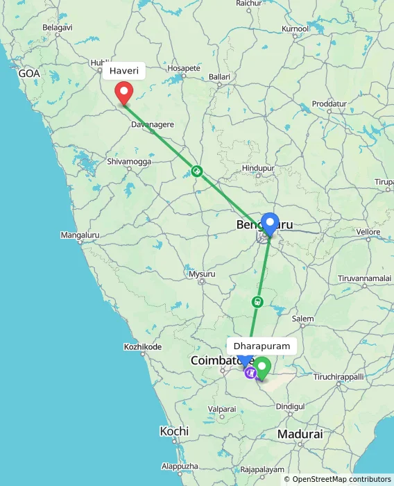 Route map showing distance and travel time from Dharapuram, India to Haveri, India