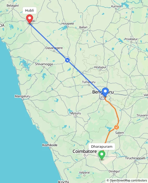 Route map showing distance and travel time from Dharapuram, India to Hubli, India