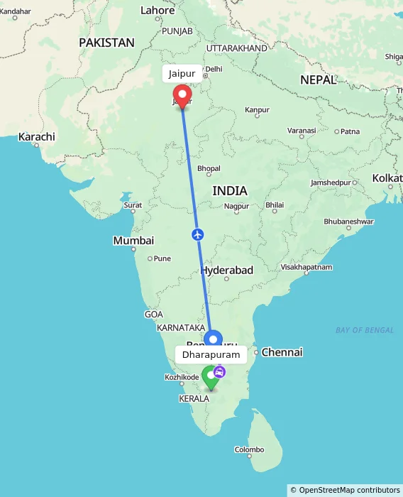 Route map showing distance and travel time from Dharapuram, India to Jaipur, India