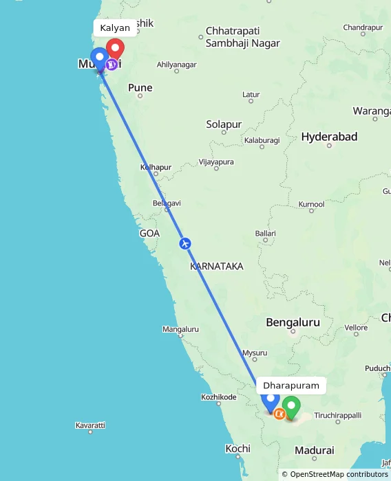 Route map showing distance and travel time from Dharapuram, India to Kalyan, India