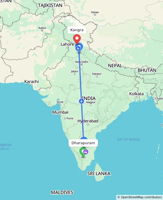 Route map showing distance and travel time from Dharapuram, India to Kangra, India