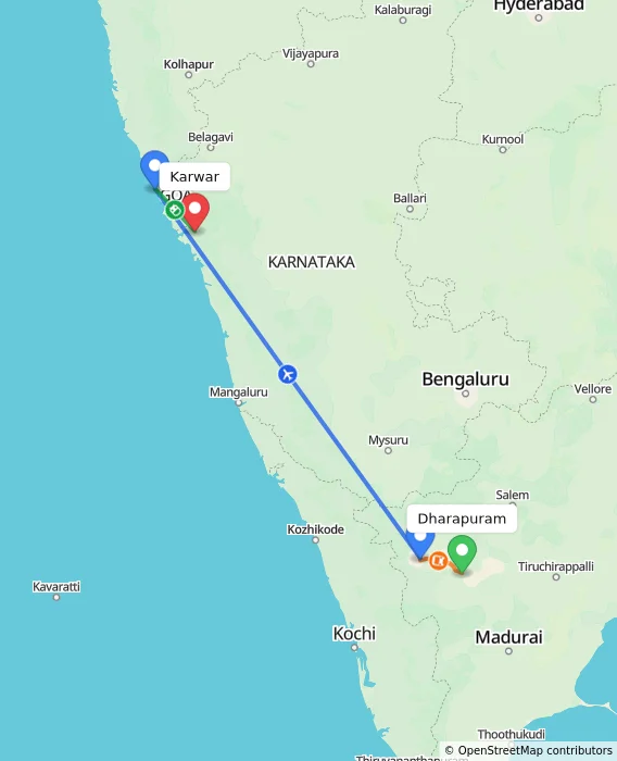 Route map showing distance and travel time from Dharapuram, India to Karwar, India