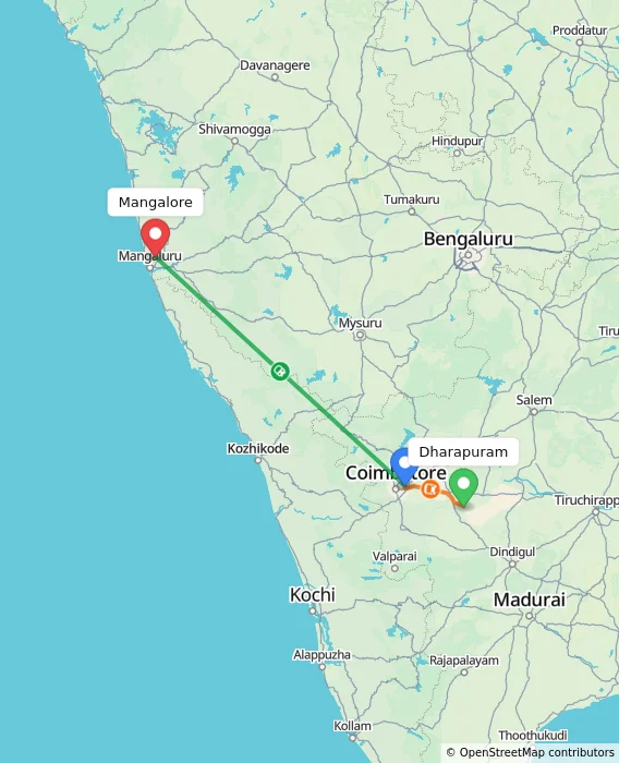 Route map showing distance and travel time from Dharapuram, India to Mangalore, India