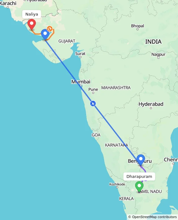 Route map showing distance and travel time from Dharapuram, India to Naliya, India